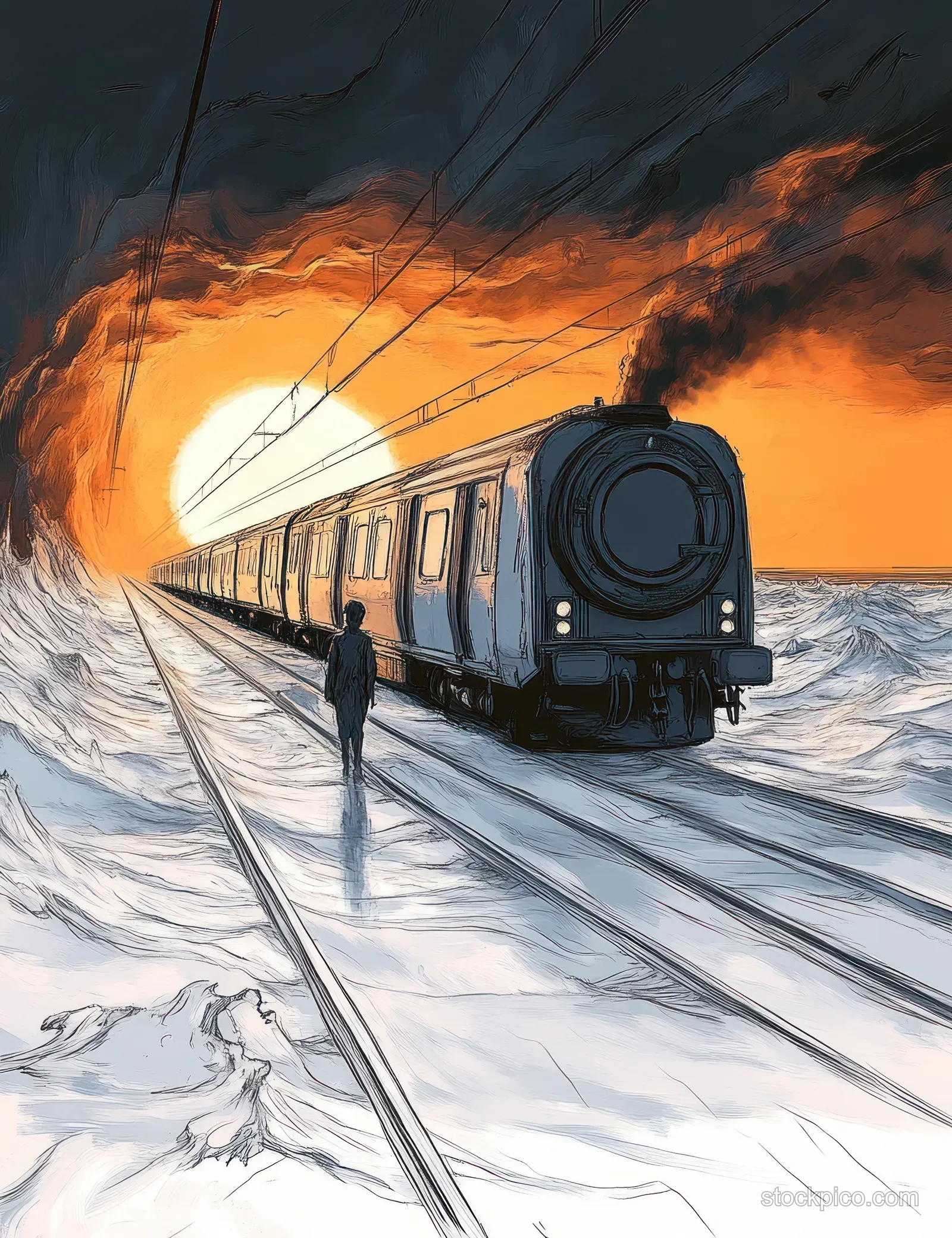 A lone person walks beside a steam train on icy tracks toward a glowing tunnel at sunset.