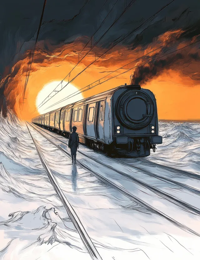 A lone person walks beside a steam train on icy tracks toward a glowing tunnel at sunset.