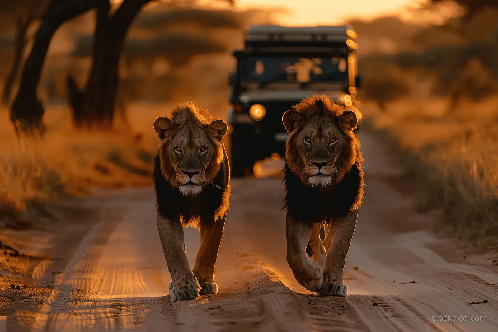 Two African lions walk on a dirt safari road at sunset as a jeep trails behind them.