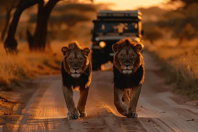 Two African lions walk on a dirt safari road at sunset as a jeep trails behind them.