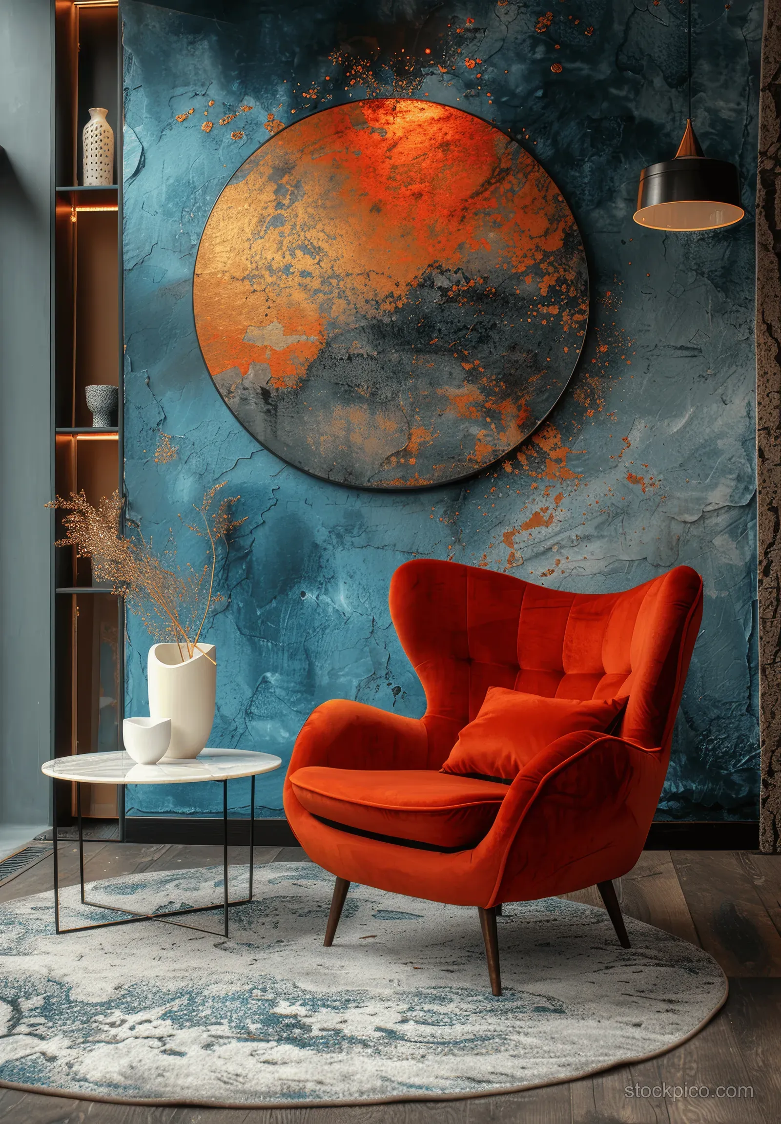 Red velvet armchair in a modern art deco living room with blue geometric mural and marble coffee table.