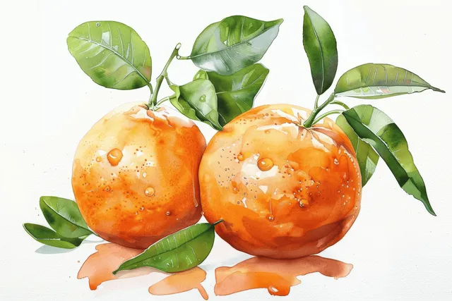 Bright oranges with green leaves and stems are beautifully illustrated in watercolor on a clean white background.