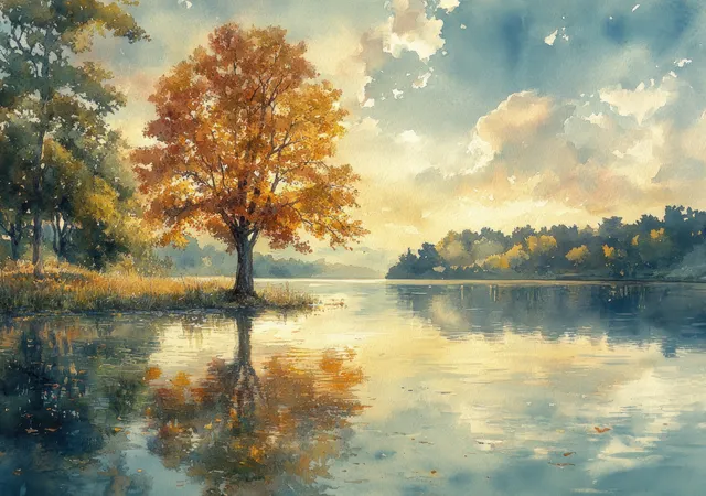 A lone tree over a calm lake reflecting golden sunset light under soft clouds.
