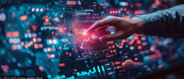 A businessman’s hand taps a holographic screen with a glowing upward growth graph and 2025 forecast overlay.
