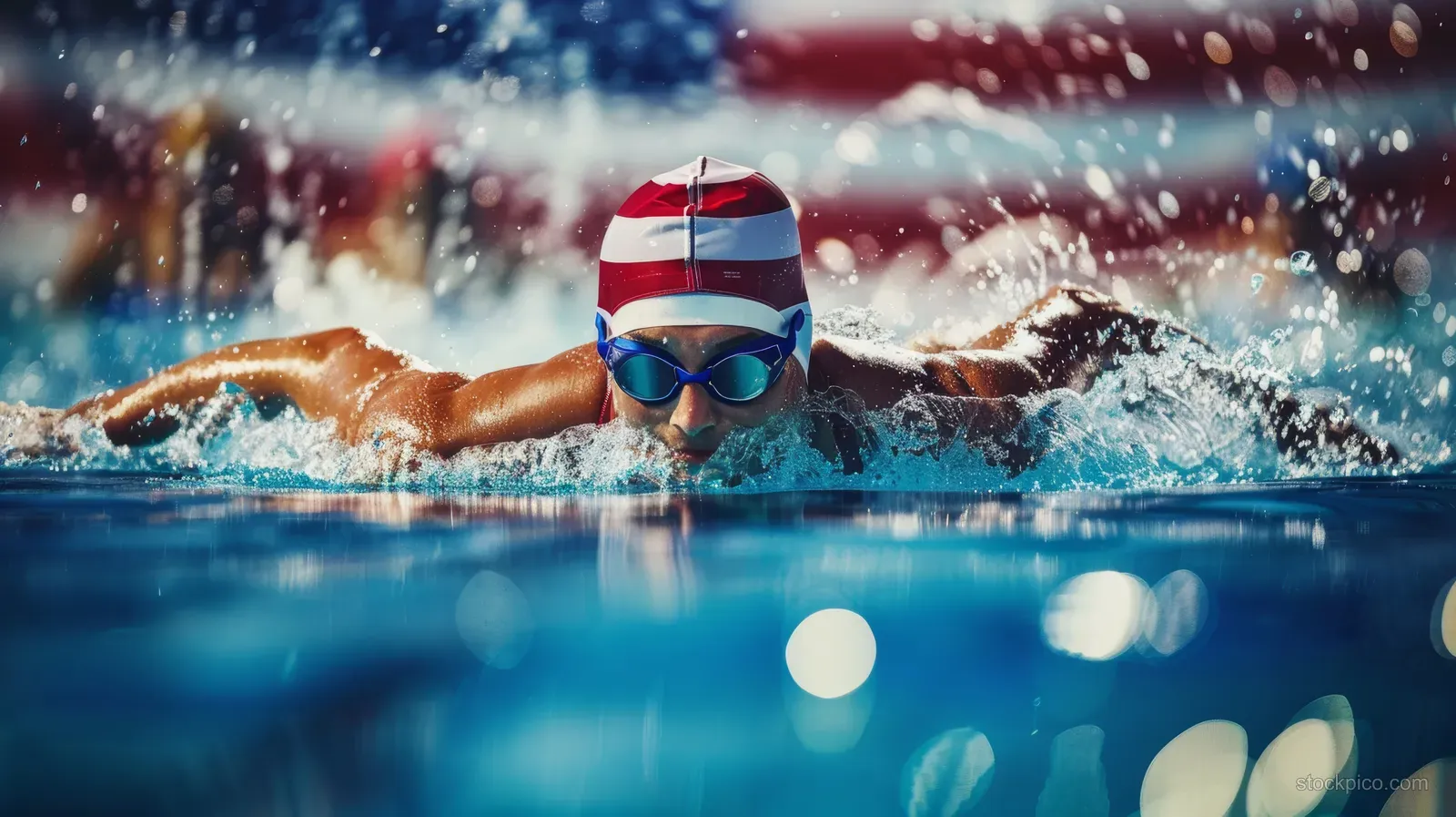 Female swimmer in lane during 400m medley race, creating a burst of water splash in front of lane markers.