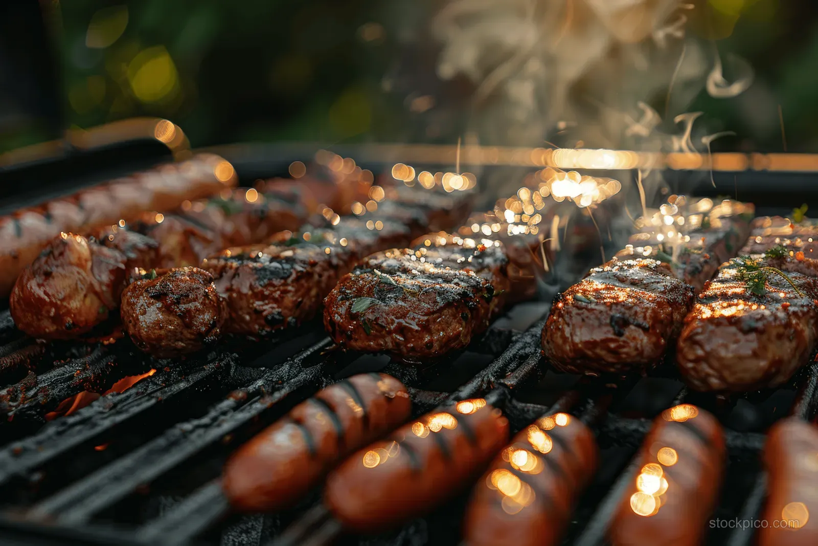 Sausages and steaks sizzle on a barbecue grill with smoke in sunset light.
