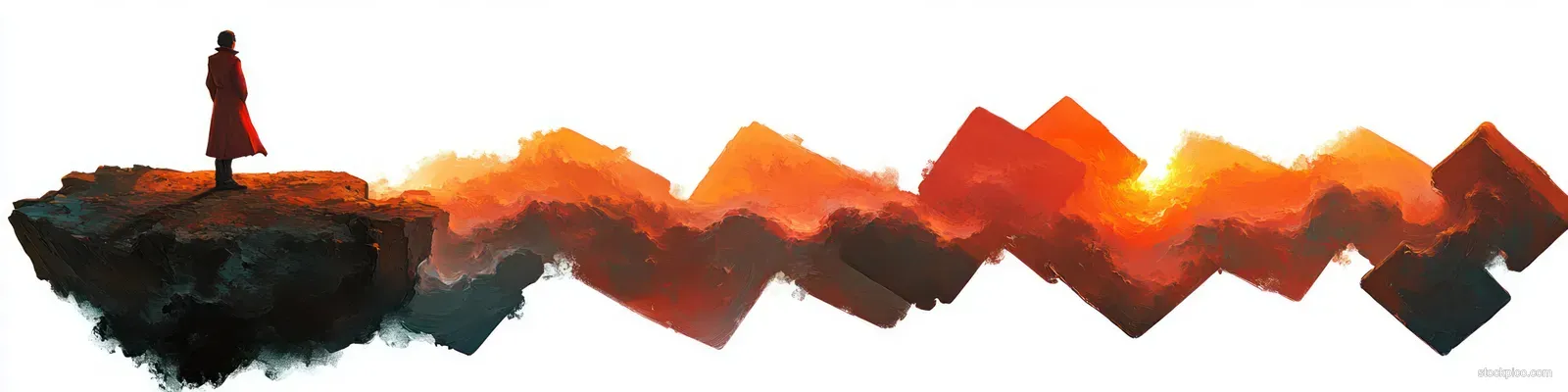 Silhouette in a red coat stands on a rocky cliff while facing a fiery orange and red zigzag pattern.