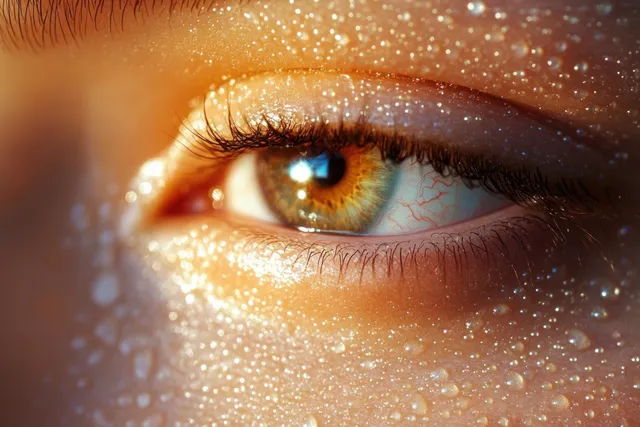Close-up human eye with water droplets, golden highlights, and sparkling light reflection