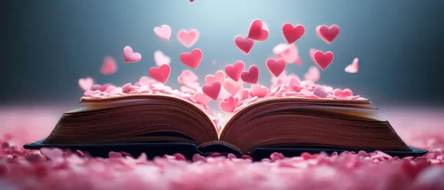 Open book with glowing pink and red heart shapes floating above its open pages.