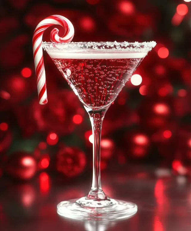 Red martini cocktail with sugared rim and candy cane garnish beside blurred Christmas lights