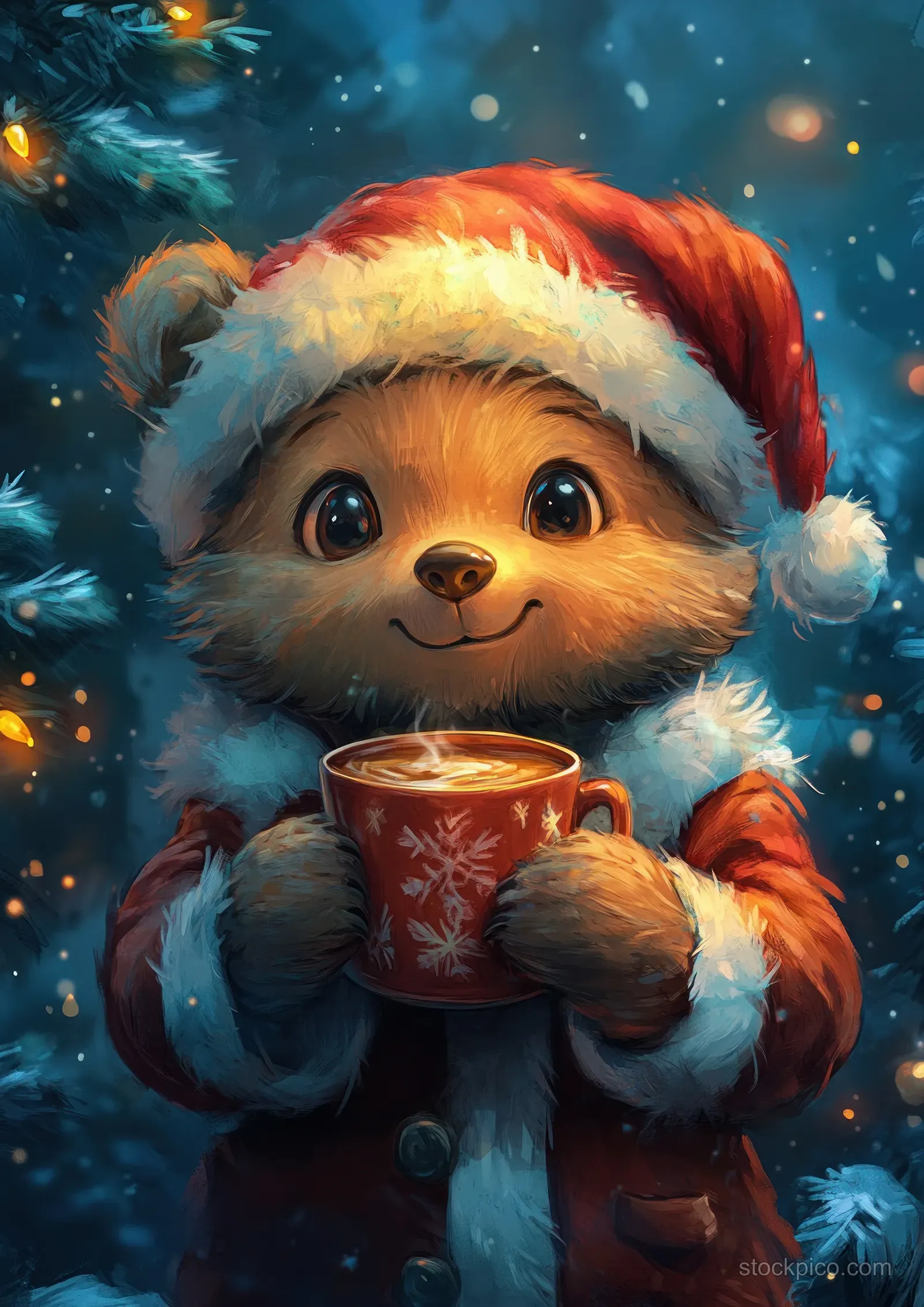 Teddy bear in a Santa hat holding a steaming hot chocolate mug with festive Christmas lights in the background.