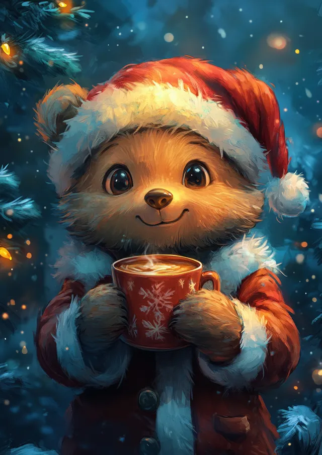 Teddy bear in a Santa hat holding a steaming hot chocolate mug with festive Christmas lights in the background.