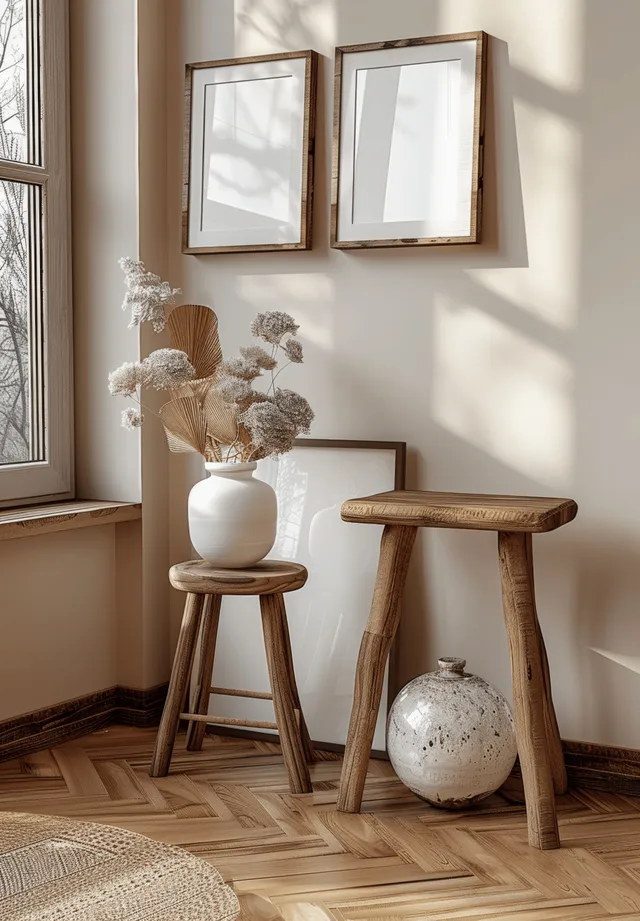 Scandinavian room corner with two wooden stools, blank frames, a white vase, and sunlight.