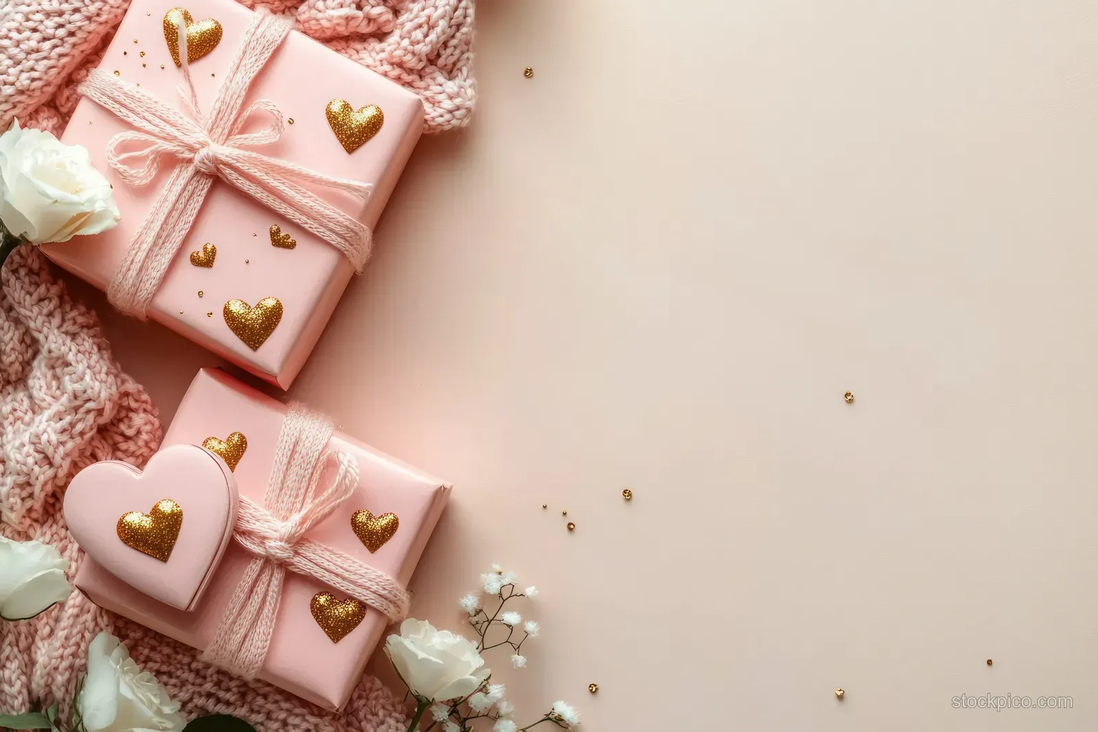 Pastel pink gift boxes with golden heart ornaments and knitted hearts rest on beige fabric beside white flowers.