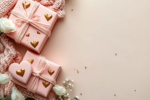 Pastel pink gift boxes with golden heart ornaments and knitted hearts rest on beige fabric beside white flowers.