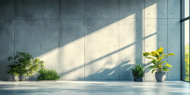 Sunlight casts diagonal shadows on a concrete wall while potted plants sit on a smooth interior floor.
