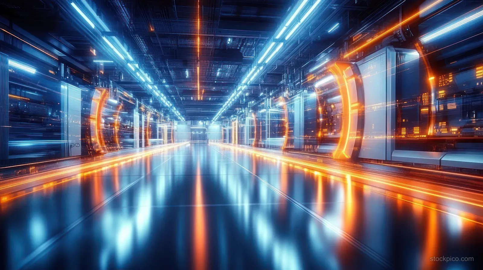 Neon-lit futuristic factory corridor with holographic screens and robotics glow along reflective floors.