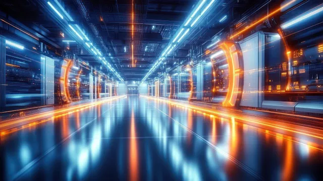 Neon-lit futuristic factory corridor with holographic screens and robotics glow along reflective floors.