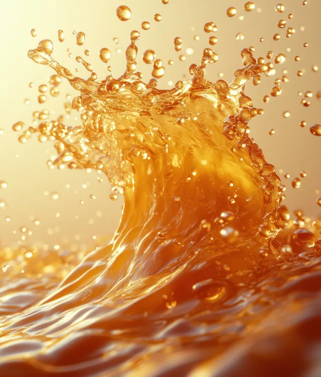 Golden oil splash with droplets erupting on white background, macro liquid motion detail