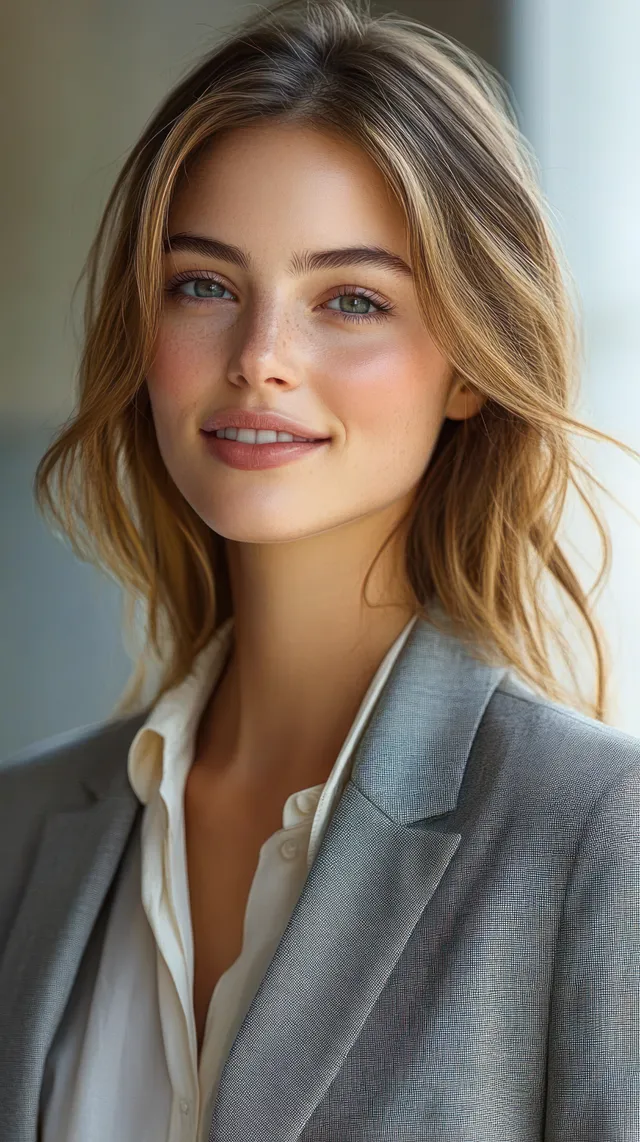 A person with shoulder-length wavy blonde hair wears a grey blazer and white shirt in softly lit indoor light.
