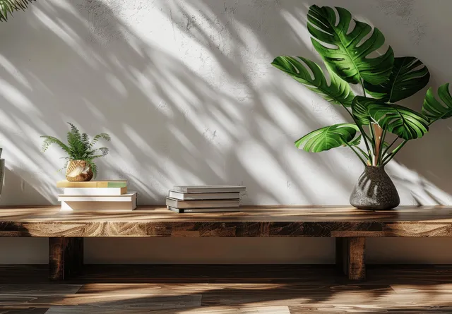 Empty wooden table with stacked books and palm leaves against bright white wall
