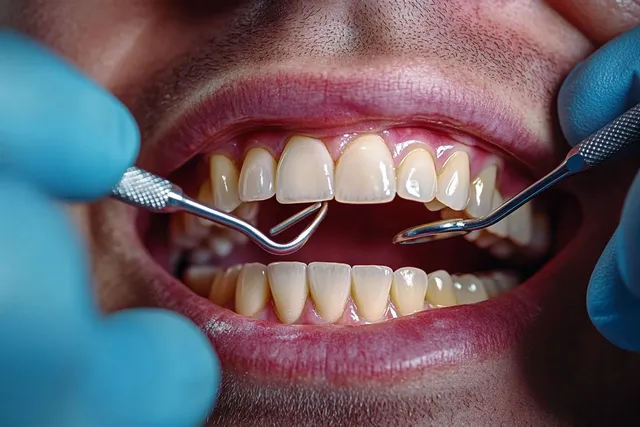 Dentist examines open mouth with mirror and probe showing upper and lower teeth
