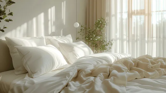 A sunlit modern bedroom shows a double bed with white linens, beige blanket, and soft morning light from the window.