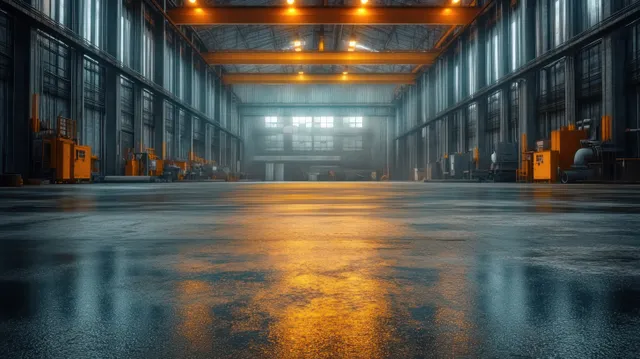 Empty industrial warehouse interior with orange overhead cranes and warm reflections on a wet concrete floor.