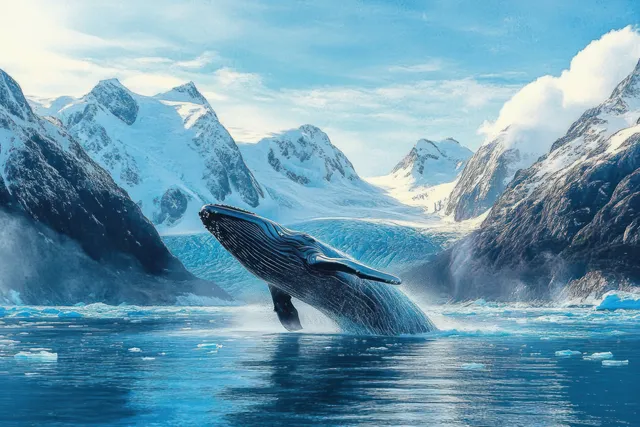 A humpback whale breaches in Glacier Bay, Alaska, as snowy mountains and glaciers fill the background.