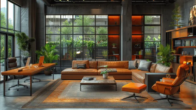 Industrial office lounge with leather chairs around a rug beneath dark metal beams and large glass windows.