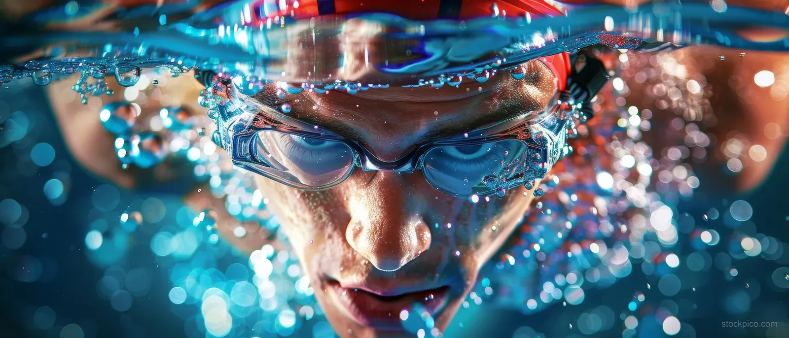 A male swimmer surfaces in backstroke as bubbles and water droplets scatter across a vibrant aquatic background.