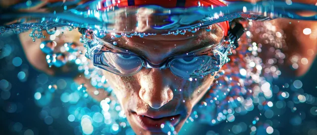 A male swimmer surfaces in backstroke as bubbles and water droplets scatter across a vibrant aquatic background.