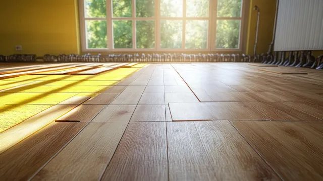 Sunlit wooden floor with exposed underfloor heating piping laid between floor layers.