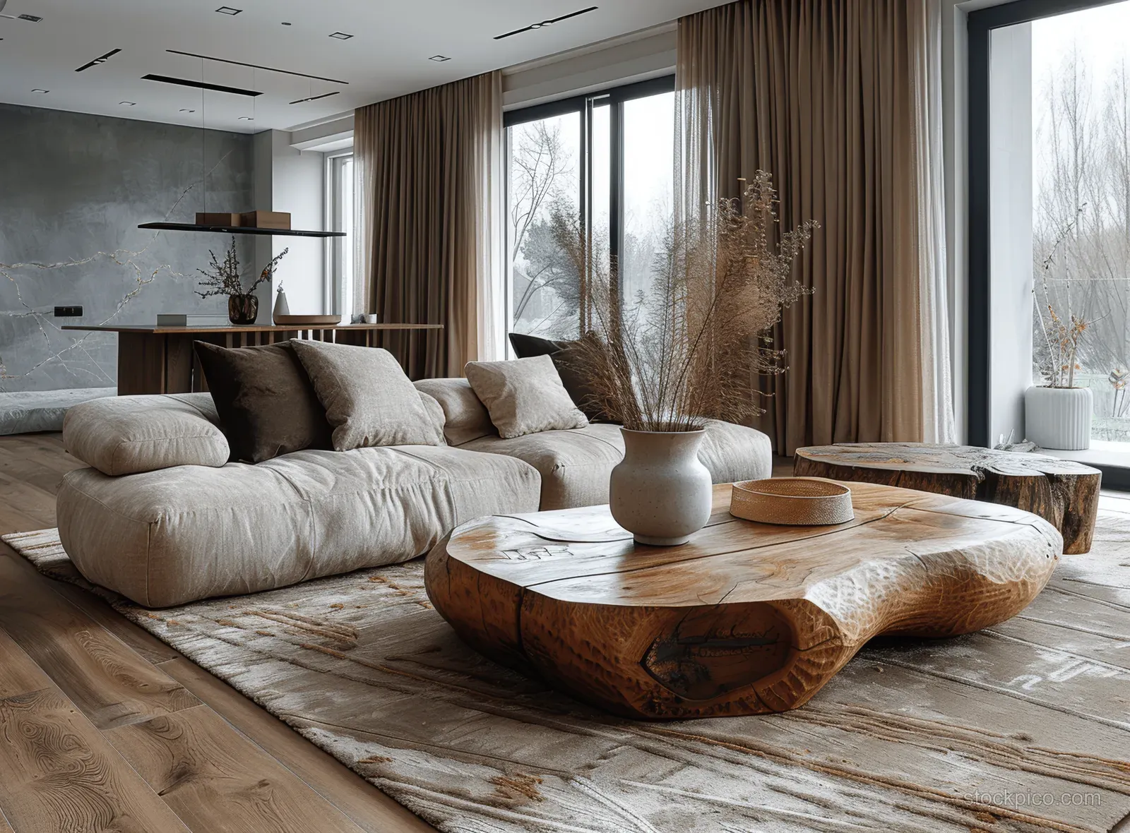 Beige sofa and round wooden coffee table sit on a rug beside dark curtains and a large window filling the room with light.