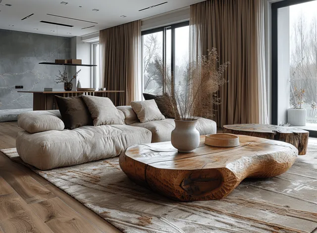 Beige sofa and round wooden coffee table sit on a rug beside dark curtains and a large window filling the room with light.