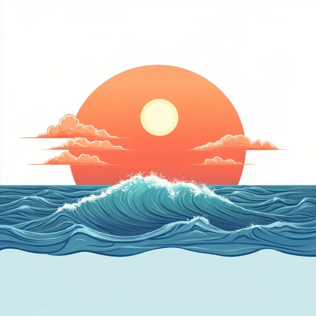 A foamy wave crests beneath an orange sunset with scattered clouds over a calm ocean horizon.