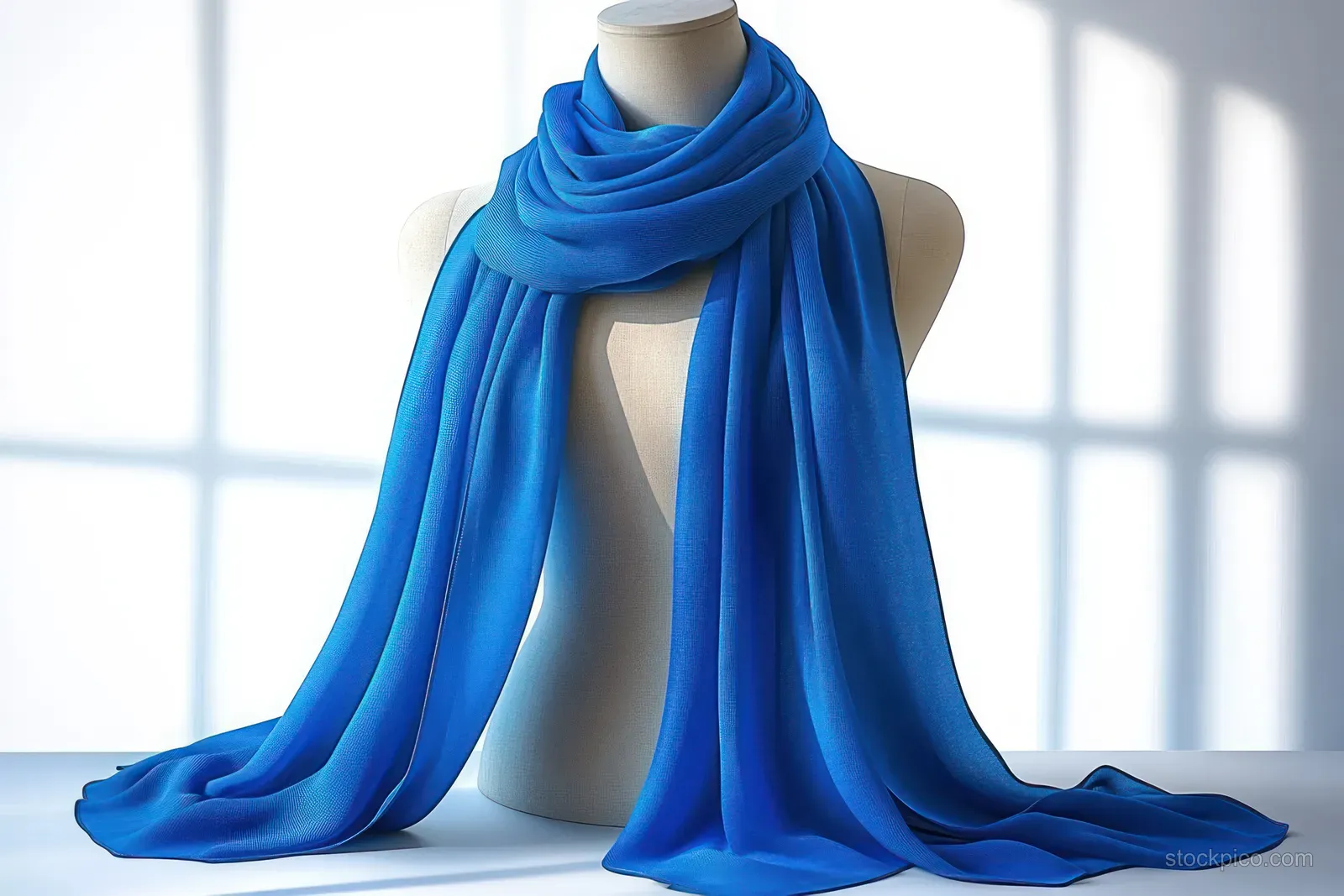 Vibrant blue scarf draped over a beige mannequin torso under soft window light with visible fabric folds.