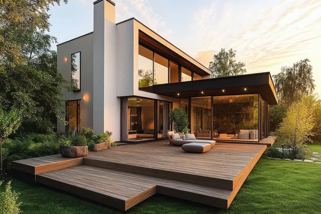 Modern house patio with lounge seating and lush garden during sunset golden-hour