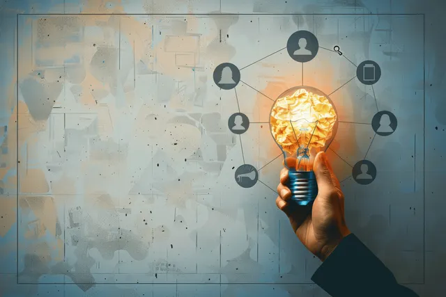 A hand holds a glowing light bulb with surrounding connected icons on a map-like background.
