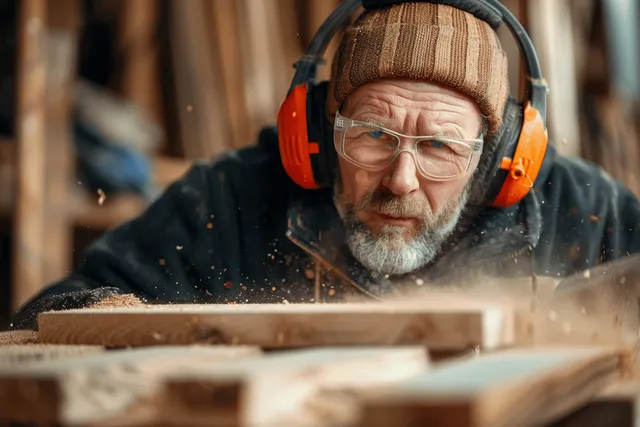 A woodworker wearing orange headphones planes a wooden plank as sawdust flies in a workshop.