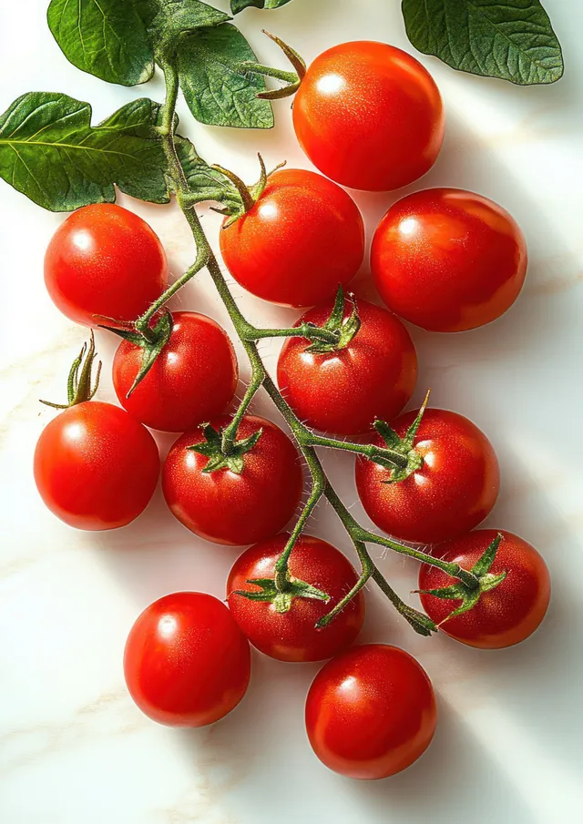 Red cherry tomatoes on the vine with green leaves, lit on a clean white surface