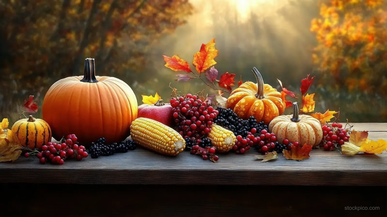 Pumpkins, corn, berries, and red fall leaves arranged on a wooden table with warm sunlight and a blurred forest backdrop.