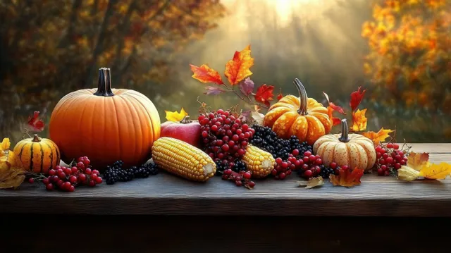 Autumn harvest still life with pumpkins, corn, berries, and fall leaves in warm forest sunlight