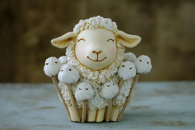 Cute ceramic sheep figurine holding little lambs on a table with a softly blurred background.