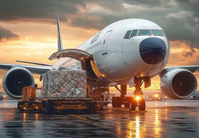 Front view of a cargo airplane with pallets being loaded on wet runway at sunset under cloudy sky.