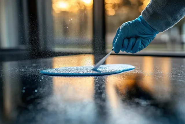 Gloved hand wipes a kitchen table with disinfectant mist on a towel.