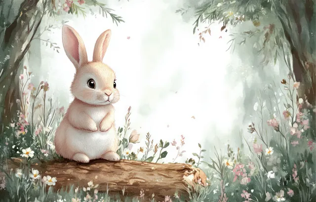 Watercolor bunny sitting on a log in a soft forest with wildflowers