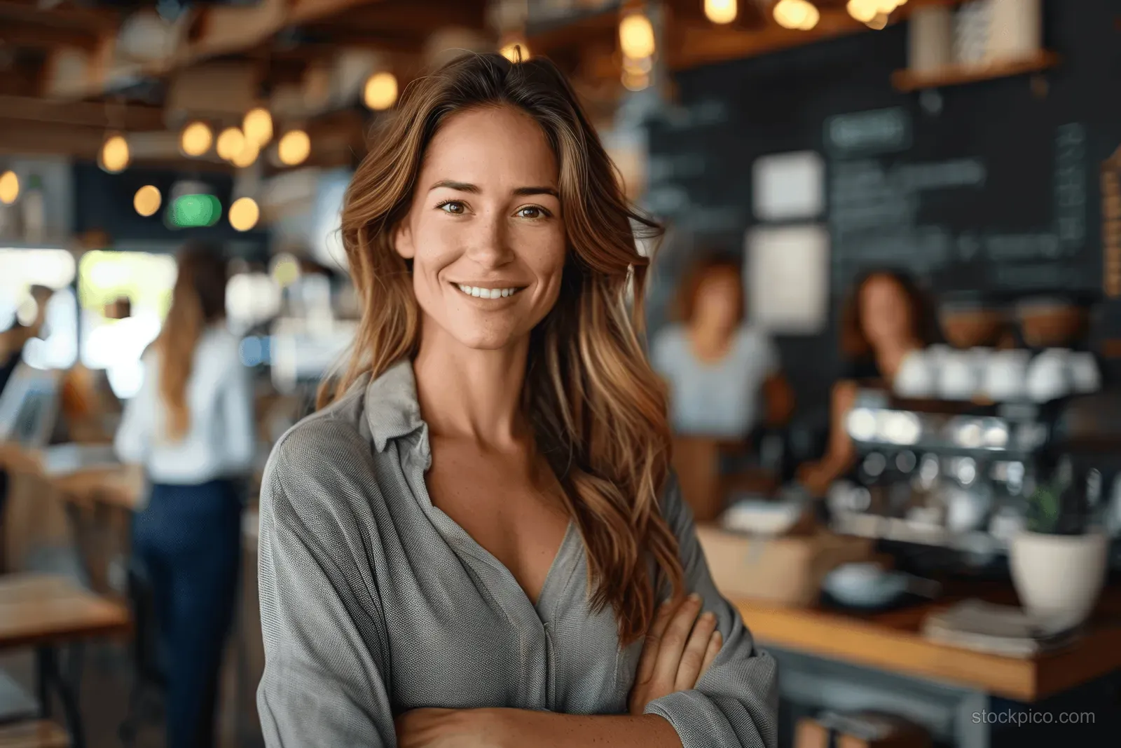 Smiling businesswoman in a coworking coffee shop faces the camera while people work behind her.