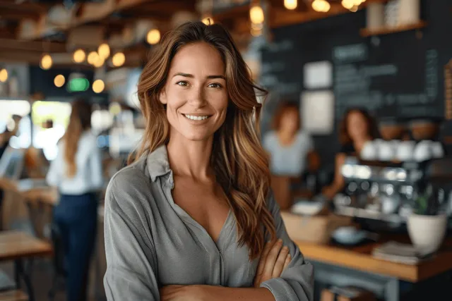 Smiling businesswoman in a coworking coffee shop faces the camera while people work behind her.