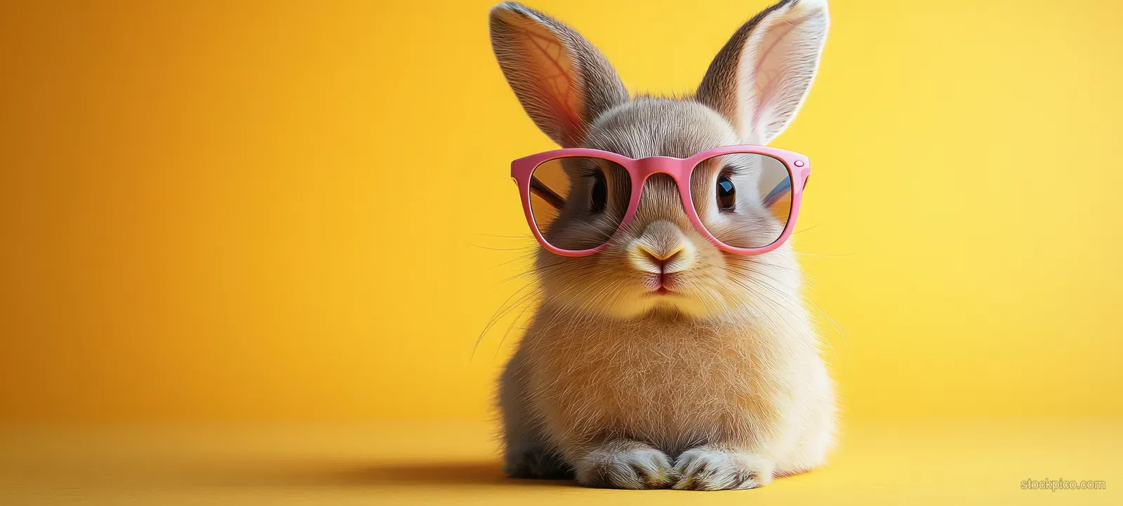 Fluffy Easter bunny wearing pink sunglasses sits centered against a bright yellow background.